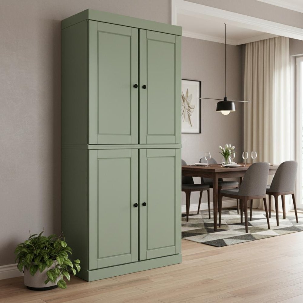 72" Sage Solid Wood Four Door Two Drawer Pantry Or Storage Closet  Warm Home View