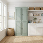 72" Sage Solid Wood Four Door Two Drawer Pantry Or Storage Closet  Warm Home View