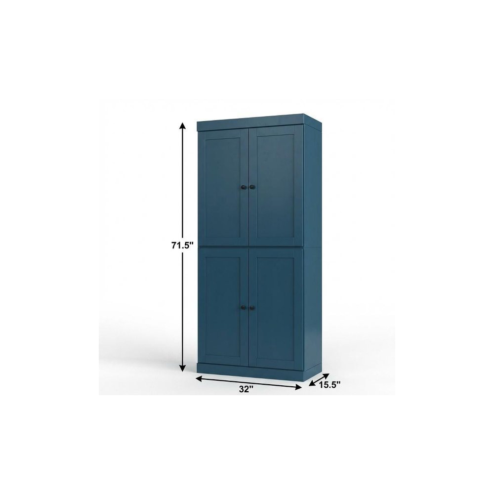 72" Teal Blue Solid Wood Four Door Two Drawer Pantry Or Storage Closet  Warm Home View