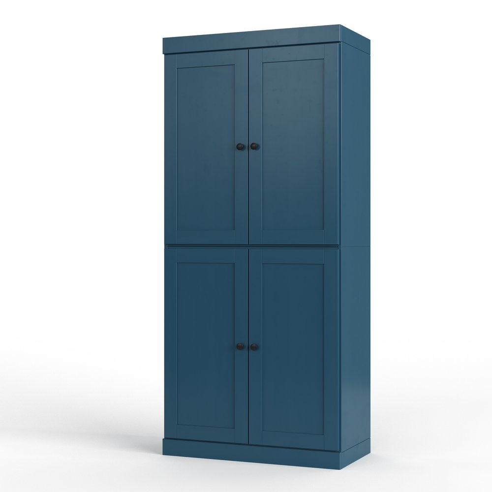 72" Teal Blue Solid Wood Four Door Two Drawer Pantry Or Storage Closet  Warm Home View