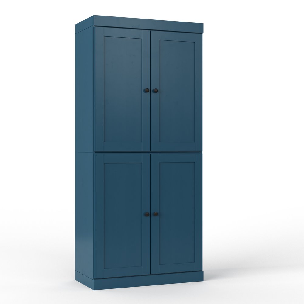 72" Teal Blue Solid Wood Four Door Two Drawer Pantry Or Storage Closet  Warm Home View