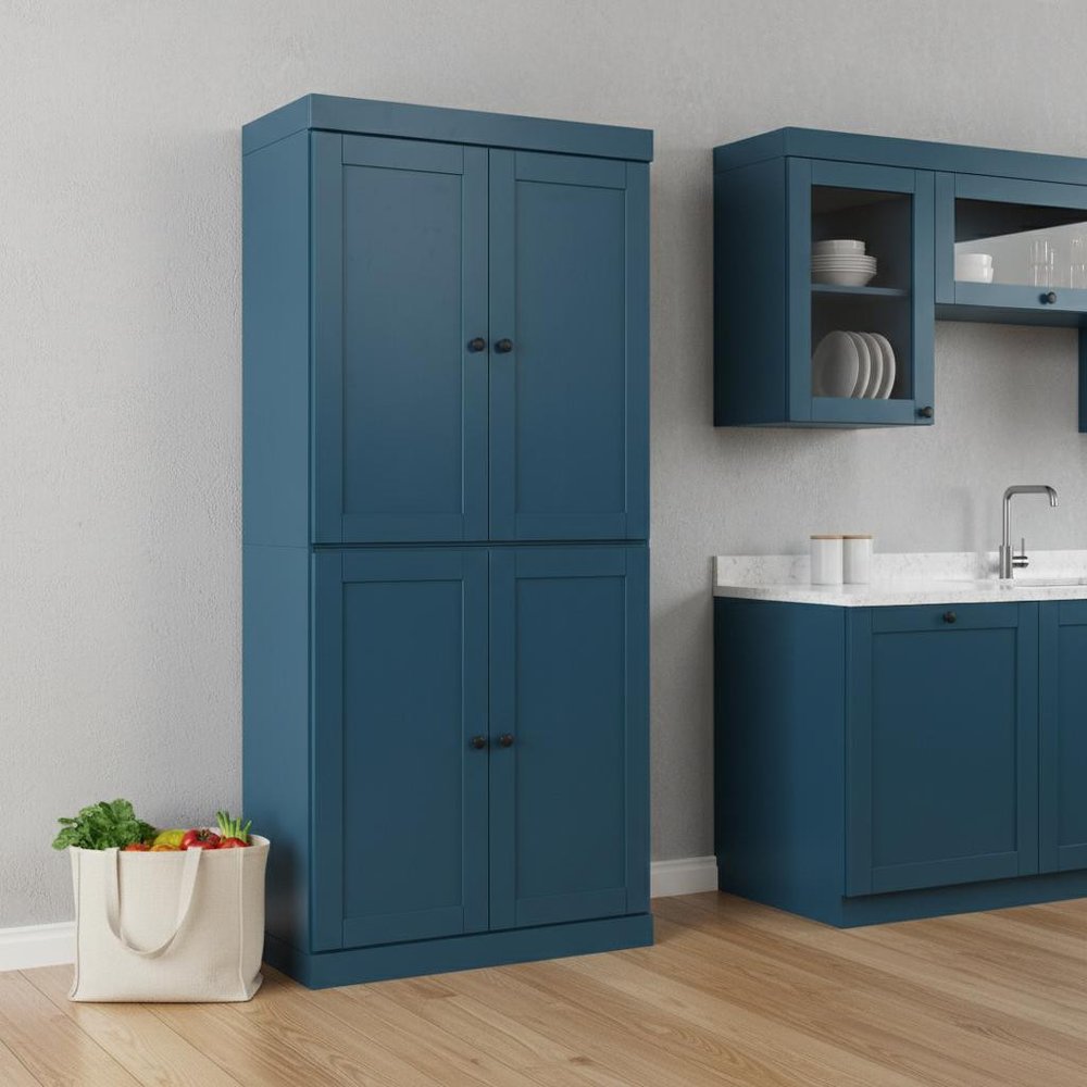 72" Teal Blue Solid Wood Four Door Two Drawer Pantry Or Storage Closet  Warm Home View