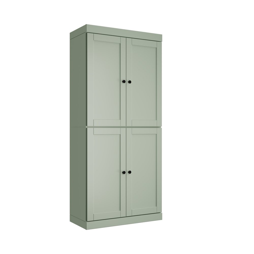 72" Sage Solid Wood Four Door Two Drawer Pantry Or Storage Closet  Warm Home View