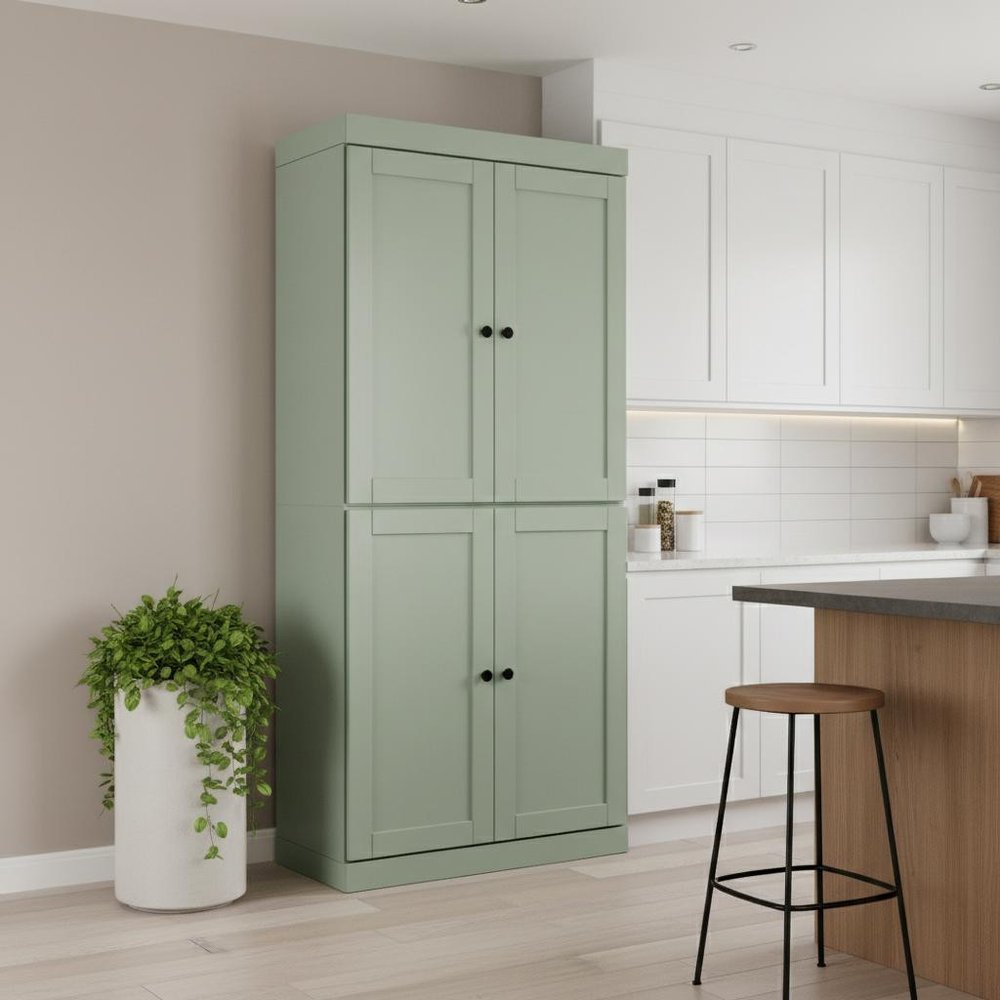 72" Sage Solid Wood Four Door Two Drawer Pantry Or Storage Closet  Warm Home View