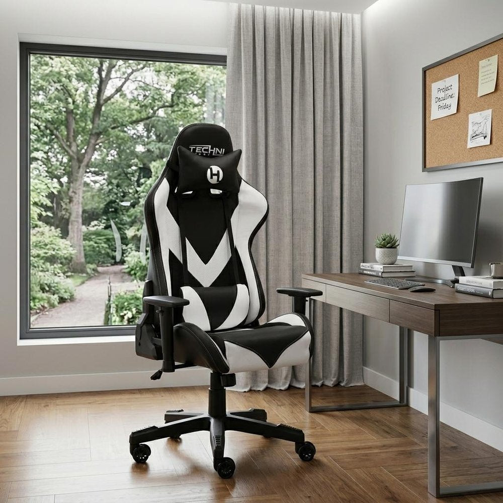 White and Black Adjustable Height Swivel Rolling Gaming Chair  Warm Home View