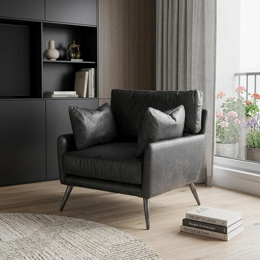 Set of 11 33" Black Leather Arm Chair And Toss Pillow  Warm Home View