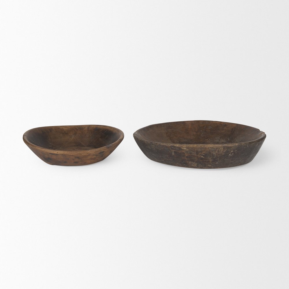 Set of Two Brown Solid Wood Round Centerpiece Bowl  Warm Home View