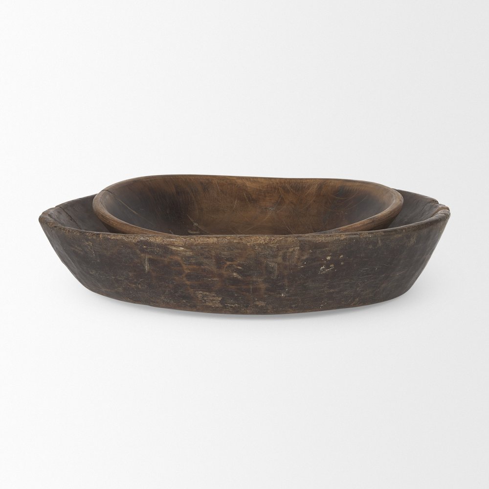Set of Two Brown Solid Wood Round Centerpiece Bowl  Warm Home View