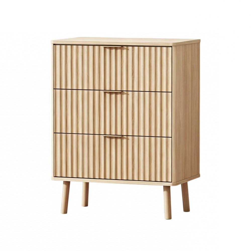 30" Natural Wood Ribbed Texture Three Drawer Nightstand With USB  Warm Home View