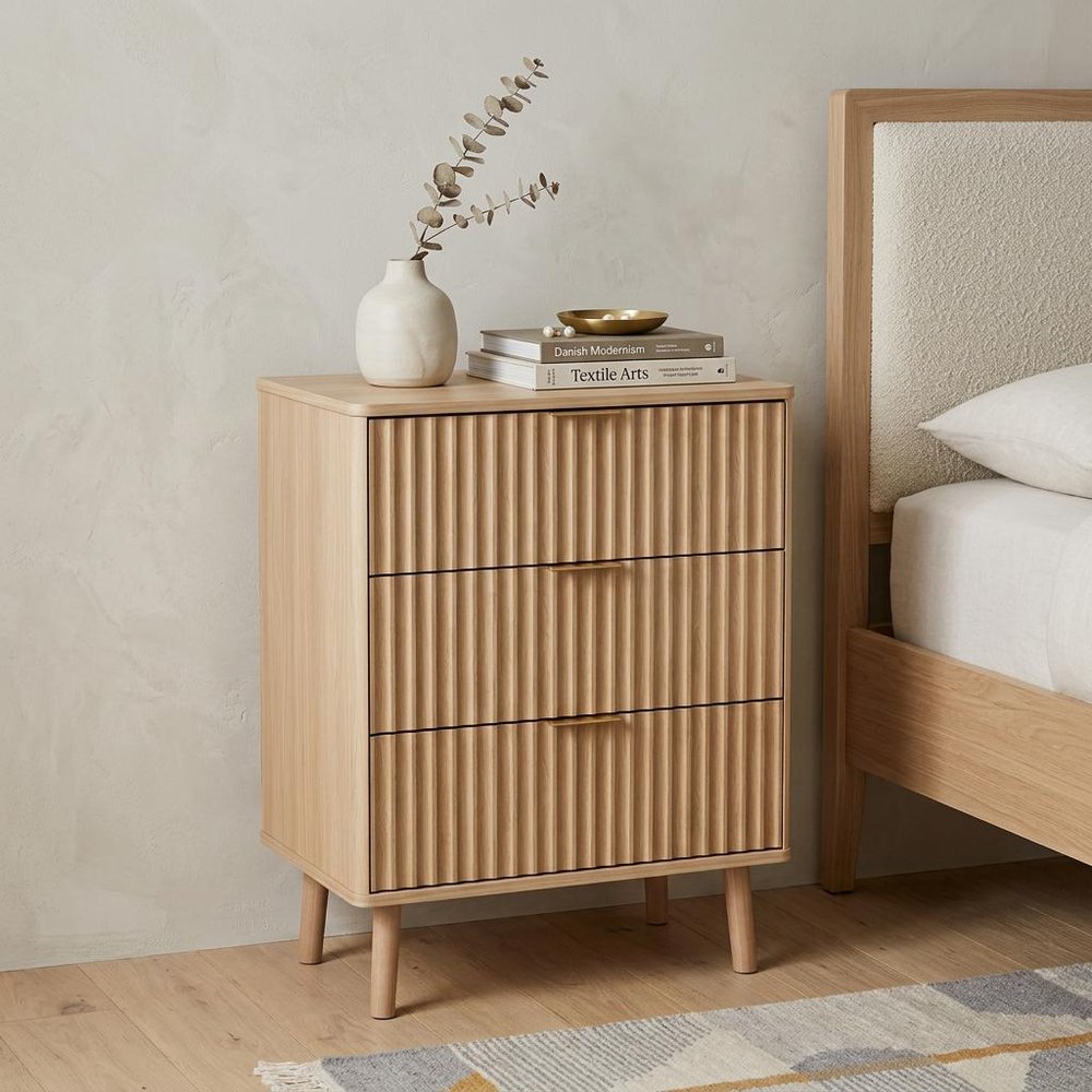 30" Natural Wood Ribbed Texture Three Drawer Nightstand With USB  Warm Home View