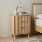 30" Natural Wood Ribbed Texture Three Drawer Nightstand With USB  Warm Home View
