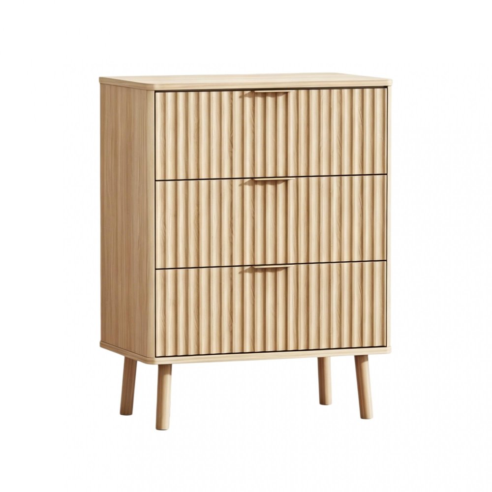 30" Natural Wood Ribbed Texture Three Drawer Nightstand With USB  Warm Home View
