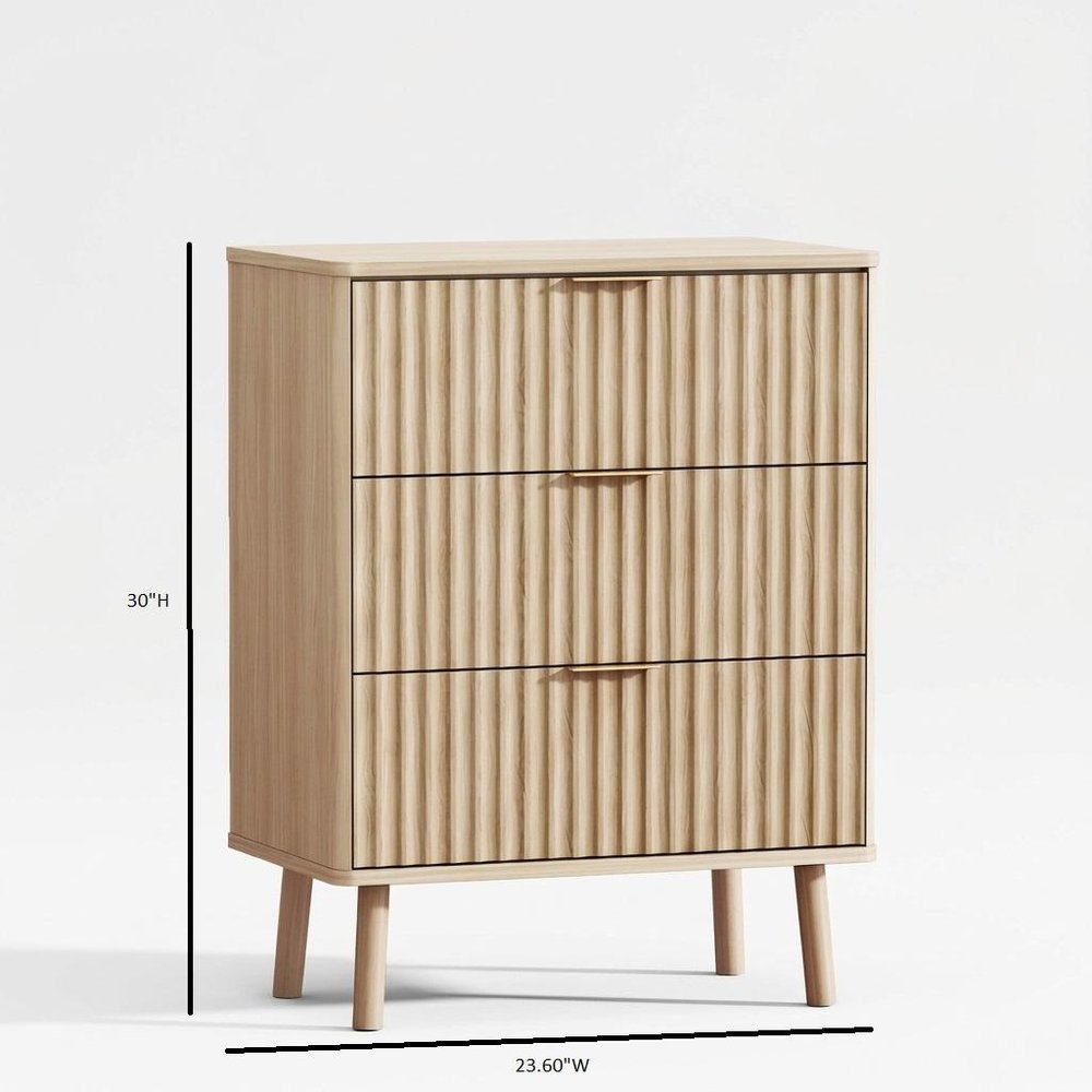 30" Natural Wood Ribbed Texture Three Drawer Nightstand With USB  Warm Home View