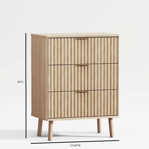30" Natural Wood Ribbed Texture Three Drawer Nightstand With USB  Warm Home View