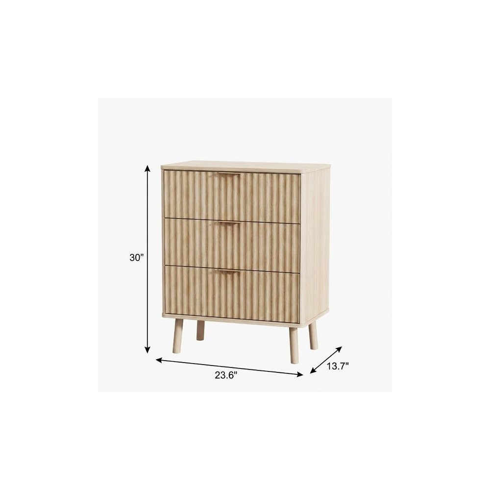 30" Natural Wood Ribbed Texture Three Drawer Nightstand With USB  Warm Home View