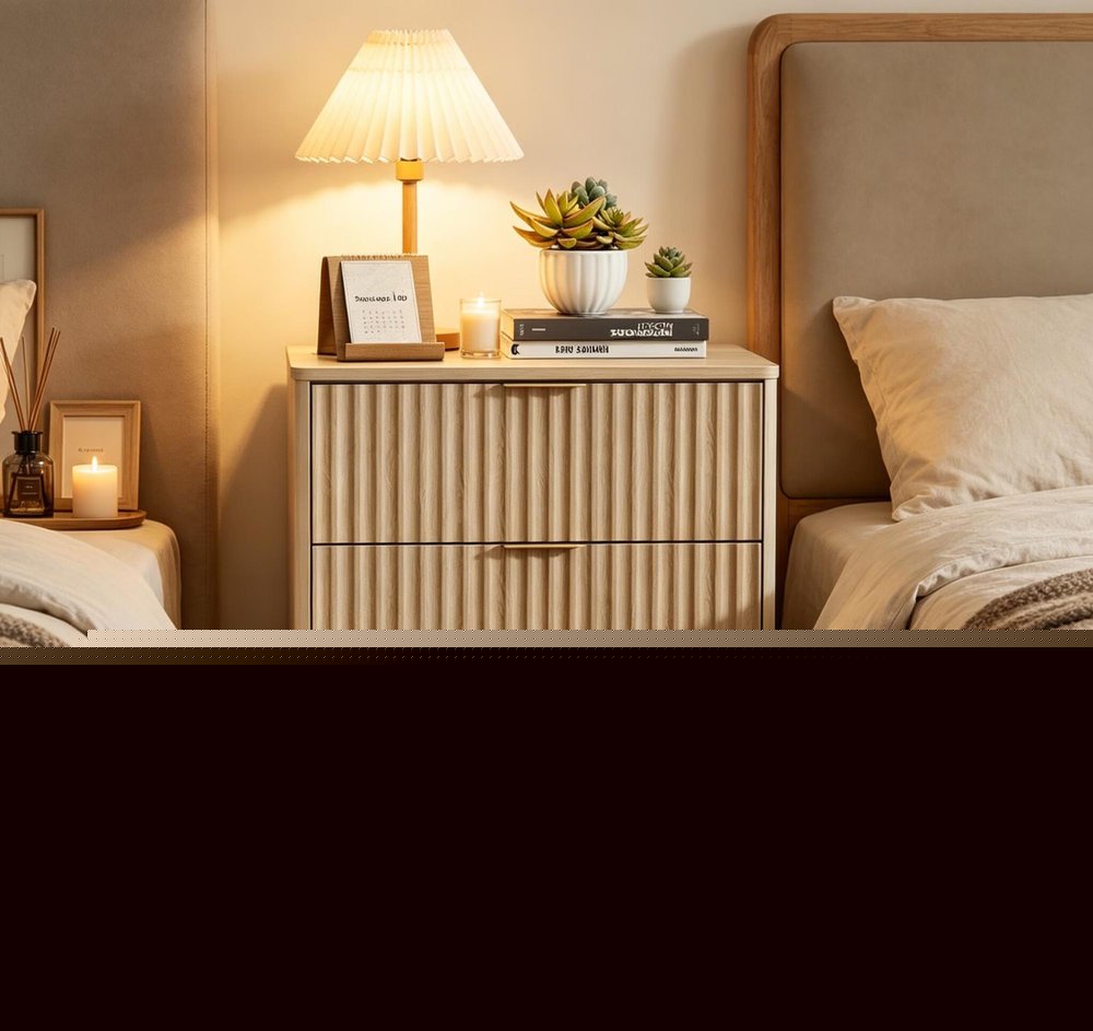 30" Natural Wood Ribbed and Mirrored Glass Three Drawer Nightstand, 1 Piece  Warm Home View