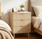 30" Natural Wood Ribbed and Mirrored Glass Three Drawer Nightstand, 1 Piece  Warm Home View