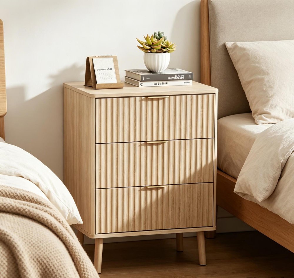30" Natural Wood Ribbed and Mirrored Glass Three Drawer Nightstand, 1 Piece  Warm Home View
