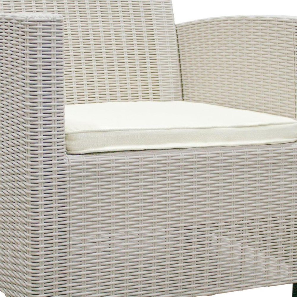 Three Piece Taupe and Beige Plastic Upholstered Cushions Two Person Seating Group With Table  Warm Home View