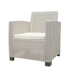 Three Piece Taupe and Beige Plastic Upholstered Cushions Two Person Seating Group With Table  Warm Home View