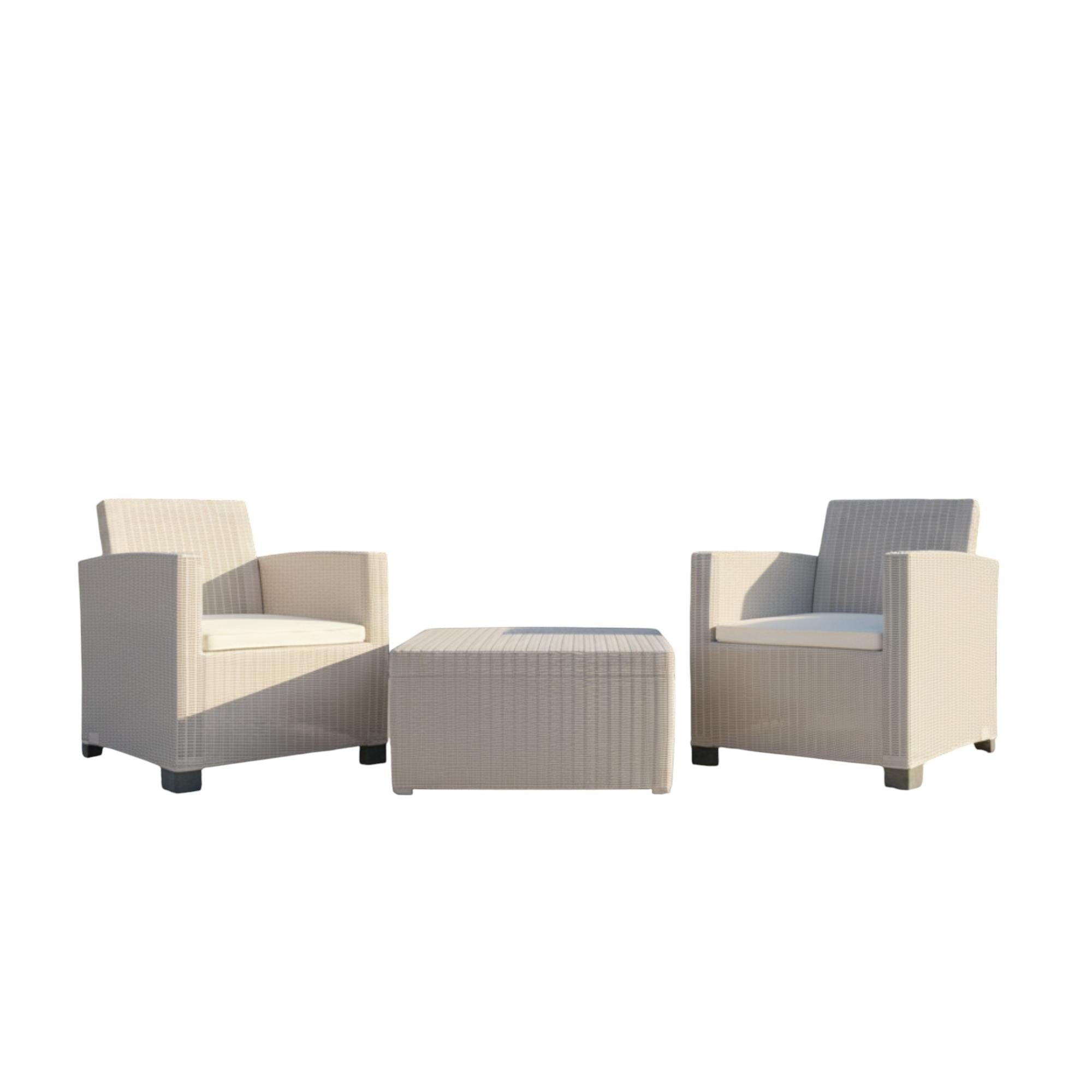 Three Piece Taupe and Beige Plastic Upholstered Cushions Two Person Seating Group With Table  Warm Home View