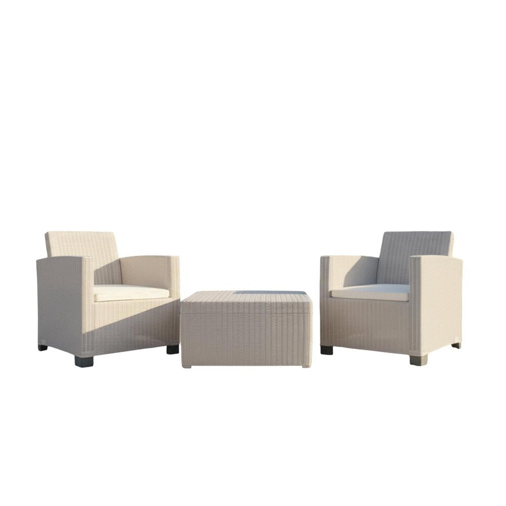 Three Piece Taupe and Beige Plastic Upholstered Cushions Two Person Seating Group With Table  Warm Home View