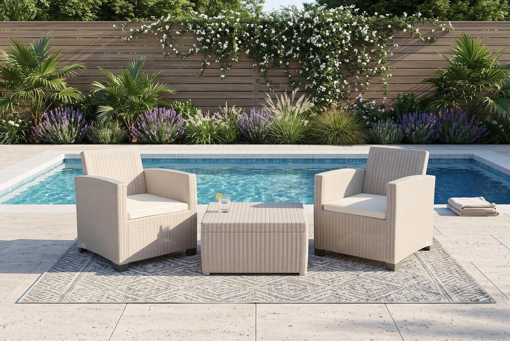Three Piece Taupe and Beige Plastic Upholstered Cushions Two Person Seating Group With Table  Warm Home View