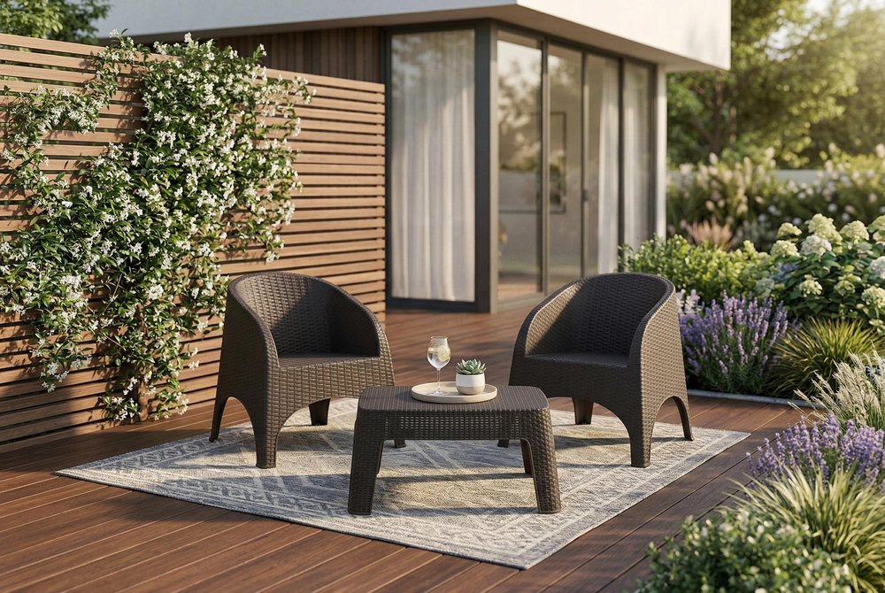 Three Piece Espresso Plastic Two Person Seating Group With Table  Warm Home View