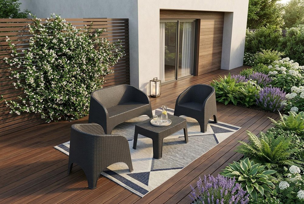 Four Piece Espresso Plastic Outdoor Patio Set With Table  Warm Home View