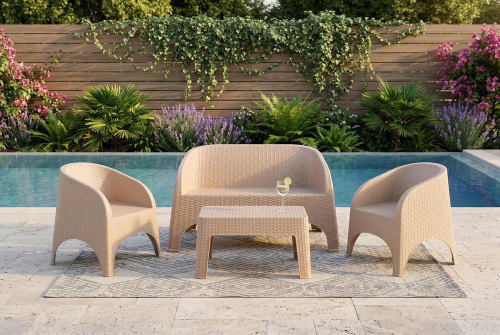 Four Piece Taupe Plastic Outdoor Patio Set With Table  Warm Home View