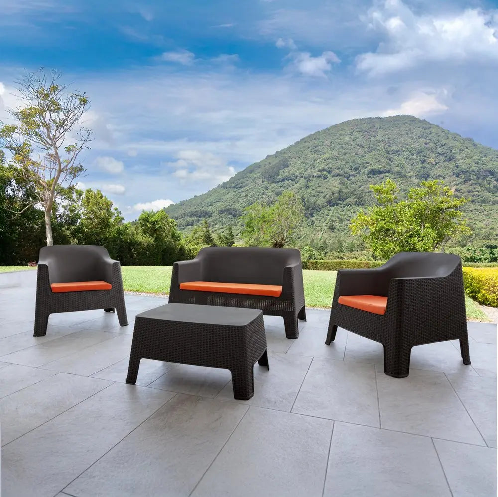 Four Piece Espresso and Beige Plastic Upholstered Cushions Outdoor Patio Set With Table  Warm Home View