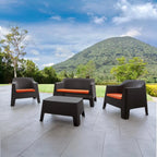 Four Piece Espresso and Beige Plastic Upholstered Cushions Outdoor Patio Set With Table  Warm Home View