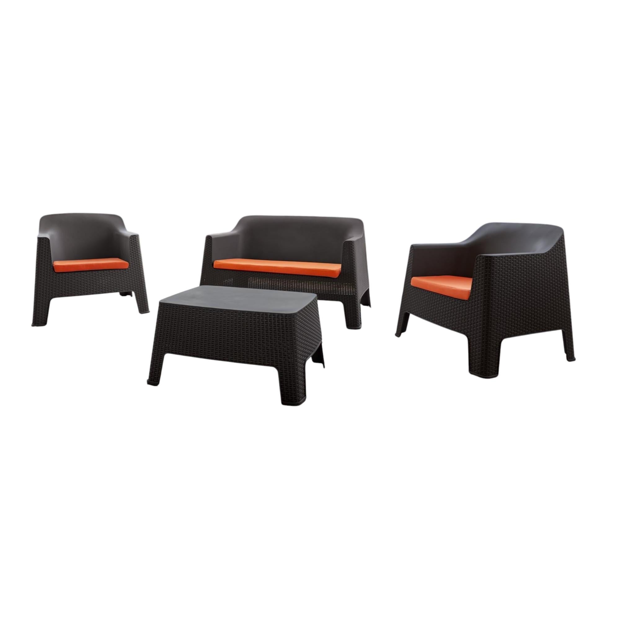 Four Piece Espresso and Beige Plastic Upholstered Cushions Outdoor Patio Set With Table  Warm Home View