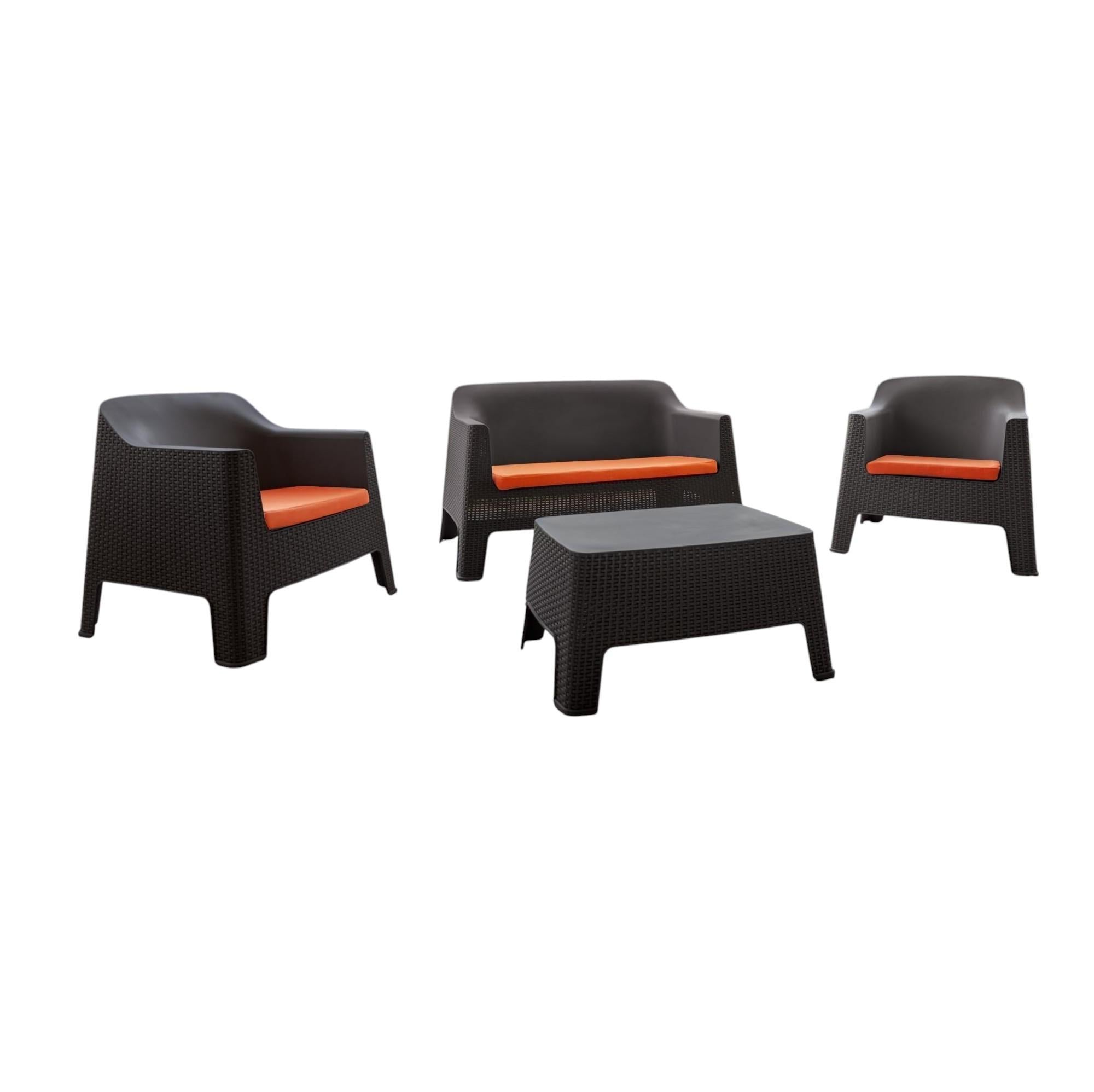 Four Piece Espresso and Beige Plastic Upholstered Cushions Outdoor Patio Set With Table  Warm Home View
