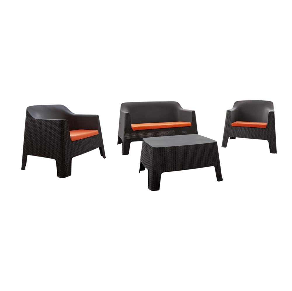Four Piece Espresso and Beige Plastic Upholstered Cushions Outdoor Patio Set With Table  Warm Home View