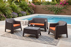 Four Piece Espresso and Beige Plastic Upholstered Cushions Outdoor Patio Set With Table  Warm Home View