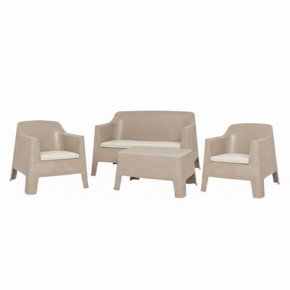 Four Piece Taupe and Beige Plastic Upholstered Cushions Outdoor Patio Set With Table  Warm Home View