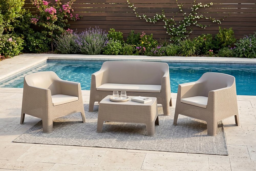Four Piece Taupe and Beige Plastic Upholstered Cushions Outdoor Patio Set With Table  Warm Home View