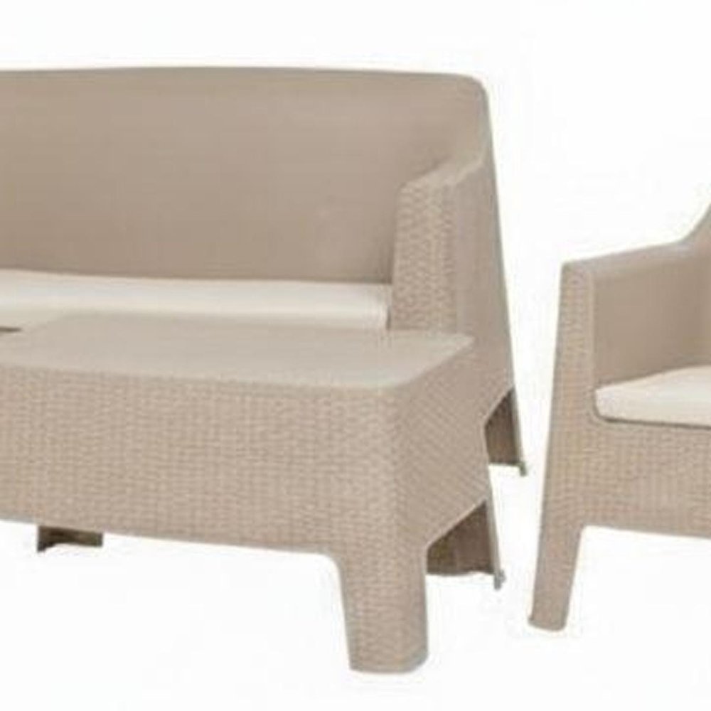 Four Piece Taupe and Beige Plastic Upholstered Cushions Outdoor Patio Set With Table  Warm Home View