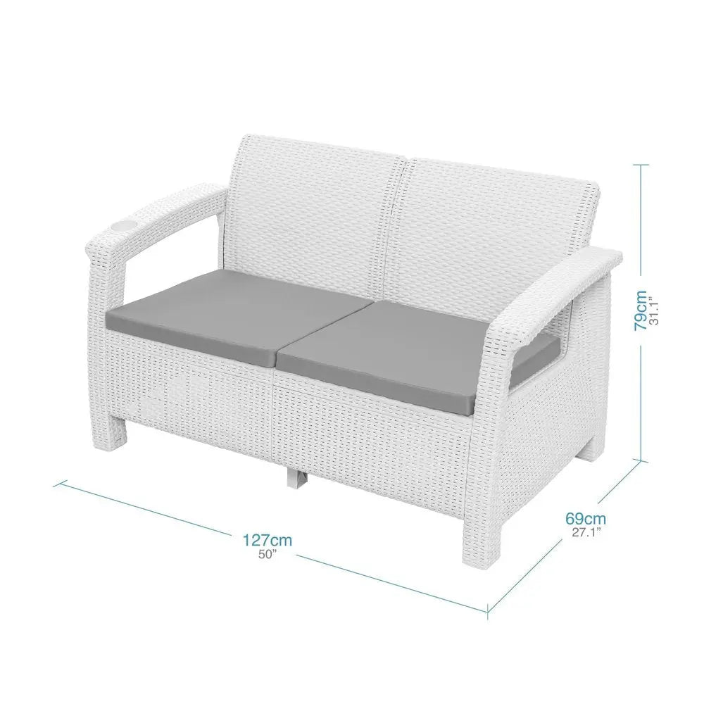 4-Piece Outdoor Patio Conversation Set - White Resin Frame with Beige All-Weather Cushions  Warm Home View