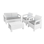 Four Piece White and Beige Plastic Upholstered Cushions Outdoor Patio Set With Table  Warm Home View
