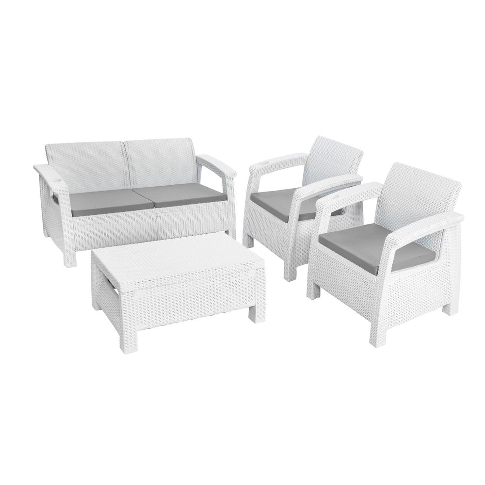 Four Piece White and Beige Plastic Upholstered Cushions Outdoor Patio Set With Table  Warm Home View