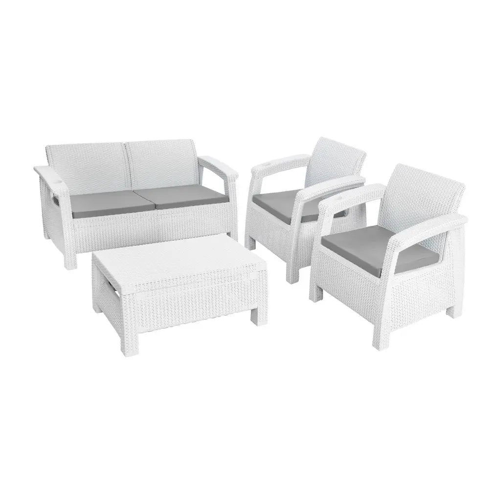 4-Piece Outdoor Patio Conversation Set - White Resin Frame with Beige All-Weather Cushions  Warm Home View