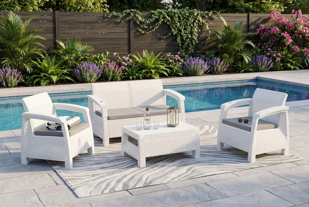 Four Piece White and Beige Plastic Upholstered Cushions Outdoor Patio Set With Table  Warm Home View