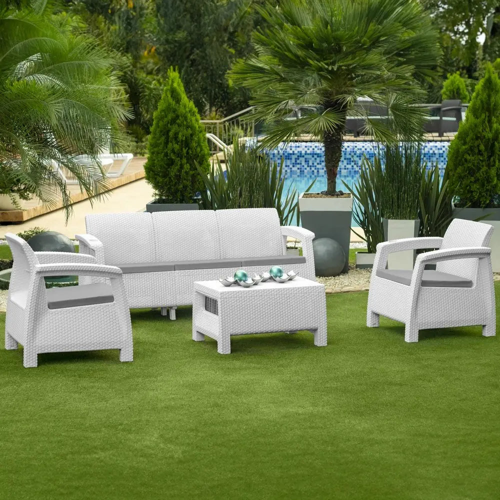 4-Piece Outdoor Patio Conversation Set - White Resin Frame with Beige All-Weather Cushions  Warm Home View