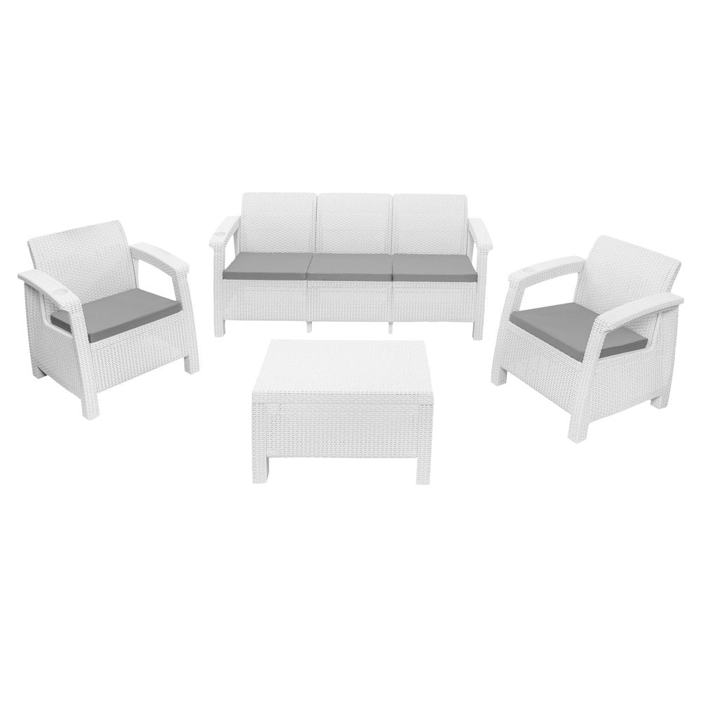 Four Piece White and Beige Plastic Upholstered Cushions Outdoor Patio Set With Table  Warm Home View