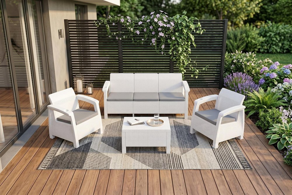 Four Piece White and Beige Plastic Upholstered Cushions Outdoor Patio Set With Table  Warm Home View