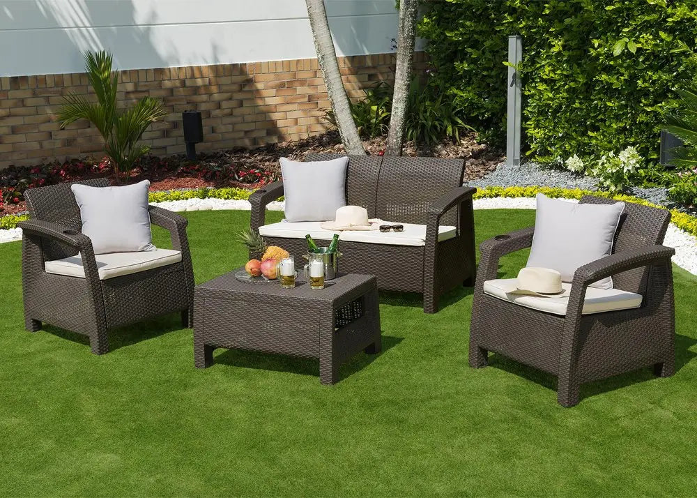 4-Piece Outdoor Conversation Set - Espresso Resin Frame with Beige Upholstered Cushions  Warm Home View