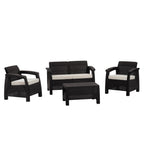 Four Piece Espresso and Beige Plastic Upholstered Cushions Outdoor Patio Set With Table  Warm Home View
