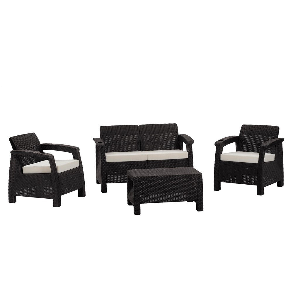 Four Piece Espresso and Beige Plastic Upholstered Cushions Outdoor Patio Set With Table  Warm Home View